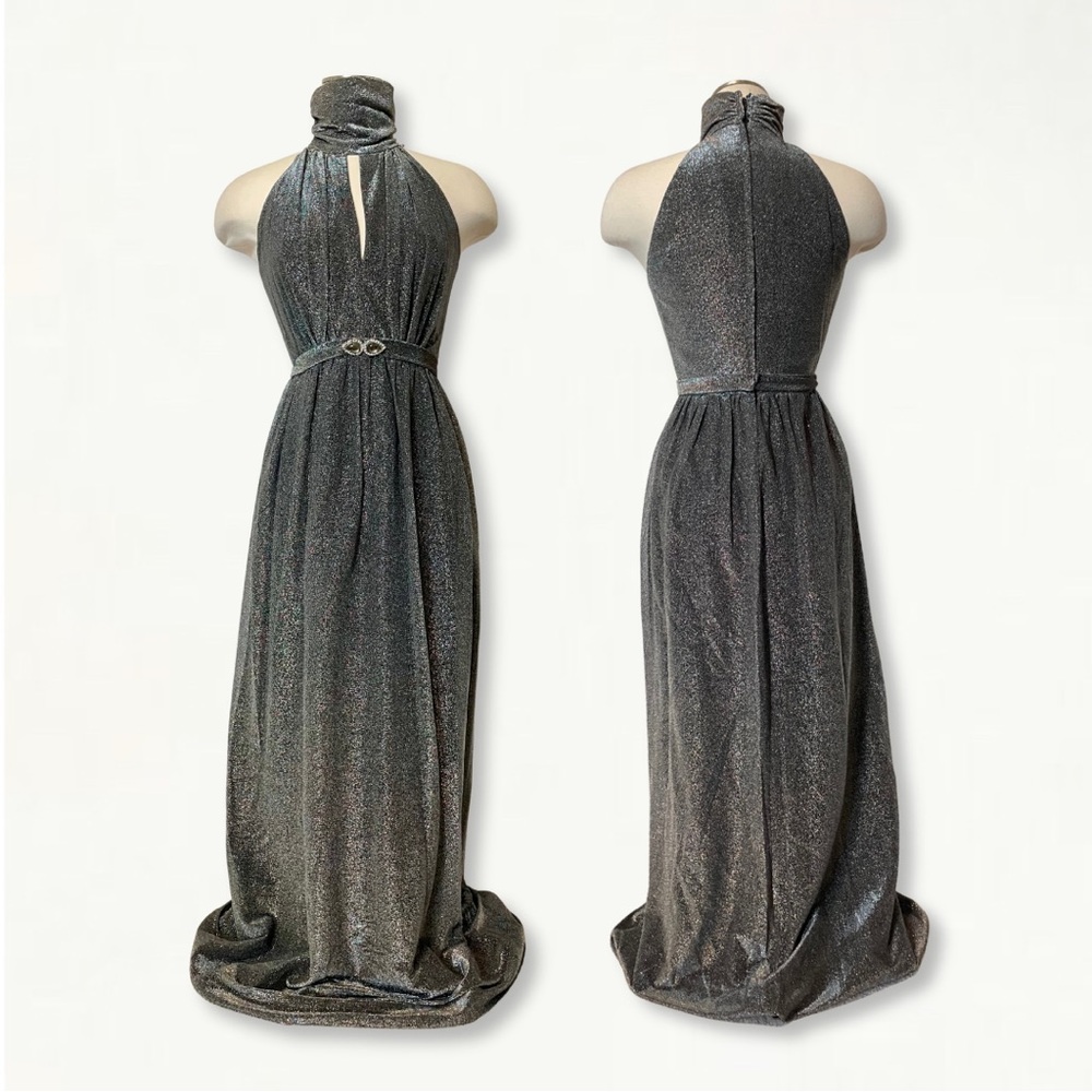Vintage 1970s Silver Metallic Studio 54 Keyhole Jewel Belted Halter Maxi Dress - Picture 7 of 15